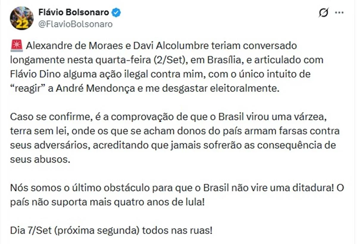 Tweet de Flávio Bolsonaro sobre encontro de Alexandre de Moraes com Davi Alcolumbre Tweet de Flávio Bolsonaro sobre encontro de Alexandre de Moraes com Davi Alcolumbre