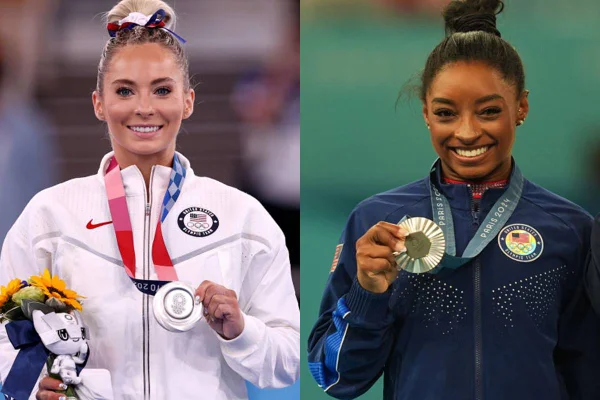 foto colorida de ginasta loira e de simone biles - metrópoles