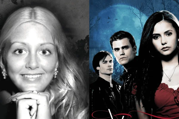 Montagem de imagem preto e branco da escritora L.J. Smith ao lado de capa da série The Vampire Diaries, com uma mortal e dois vampiros