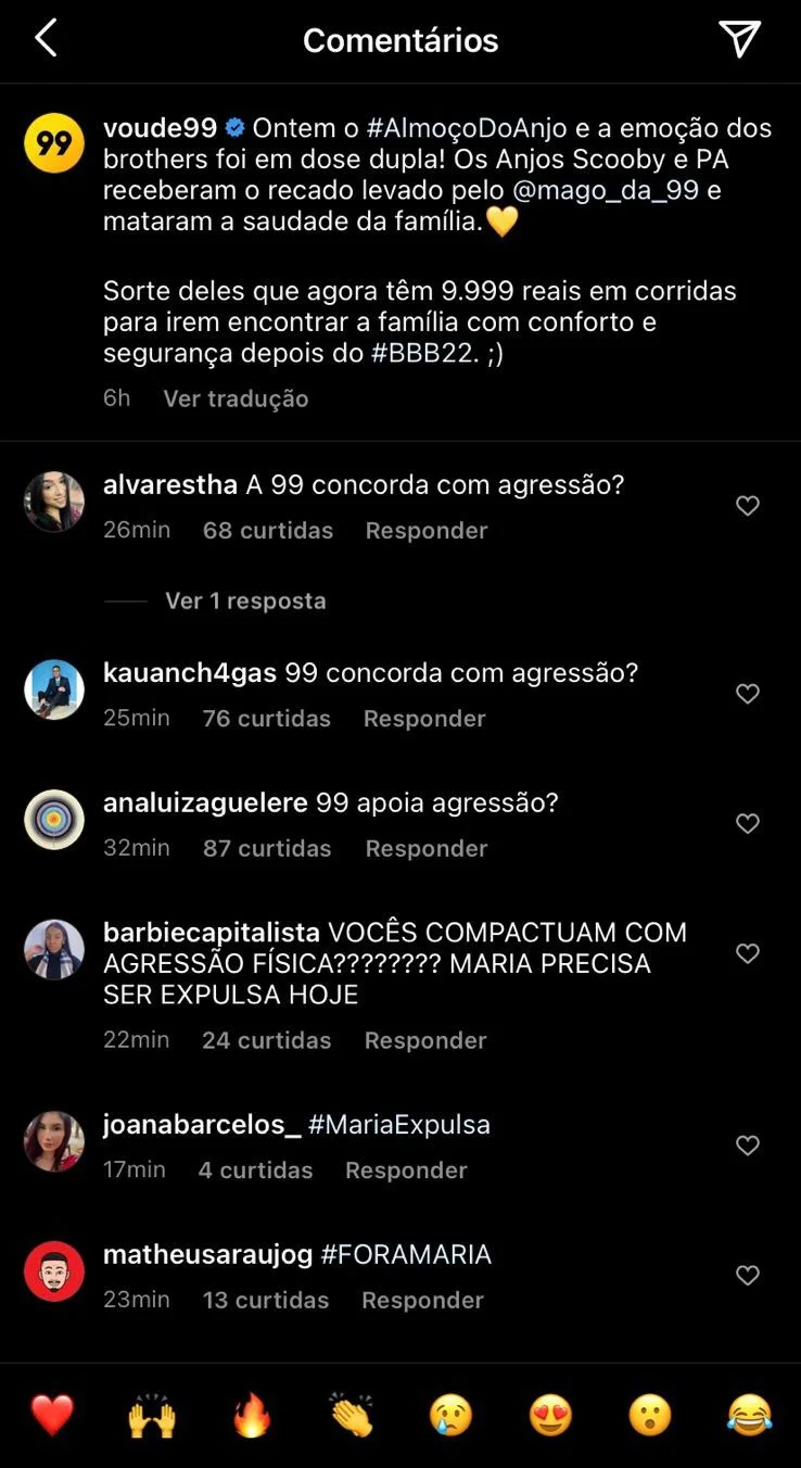 A 99 é outra marca que não foi esquecida pelo público. Comentários de publicações estão recheados de pedidos de eliminação para Maria A 99 é outra marca que não foi esquecida pelo público. Comentários de publicações estão recheados de pedidos de eliminação para Maria