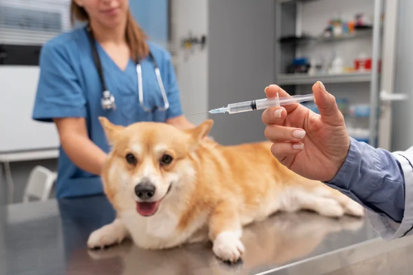 Imagem colorida de cachorro em maca de consultório