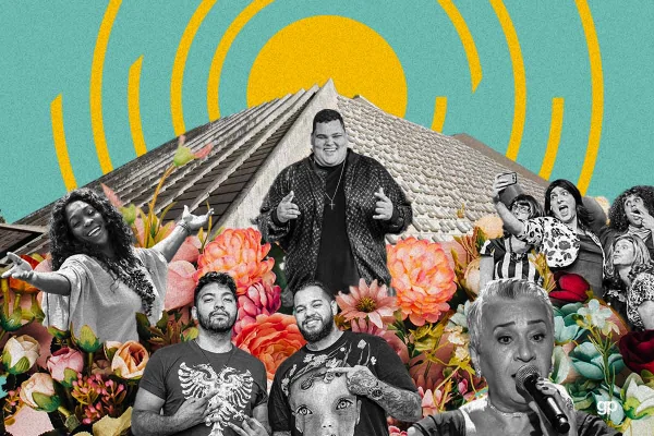 Colagem arte de artistas de brasília, menos é mais, dhi ribeiro, g7 de teatro, toys e omik, lúcia maria