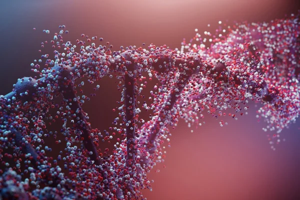 Uma estrutura de dupla hélice de DNA composta por partículas vermelhas e brancas contra um gradiente. Metrópoles