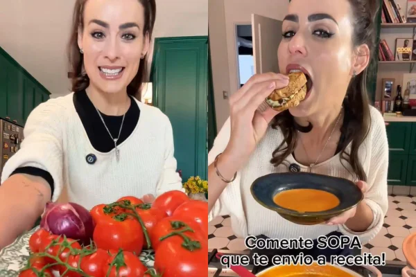 Montagem colorida de fotos Chef Heaven Delhaye ensina sopa de tomate com torrada crocante