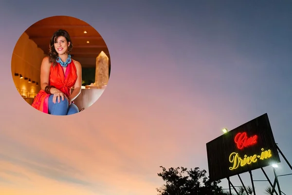 fachada do cine drive in e rosto de nathalia abi ackel