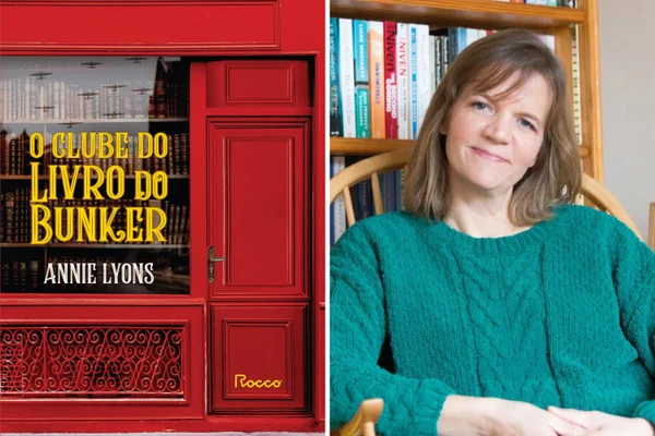 Montagem entre capa do livro "O clube do livro do bunker" e foto da autora Annie Lyons