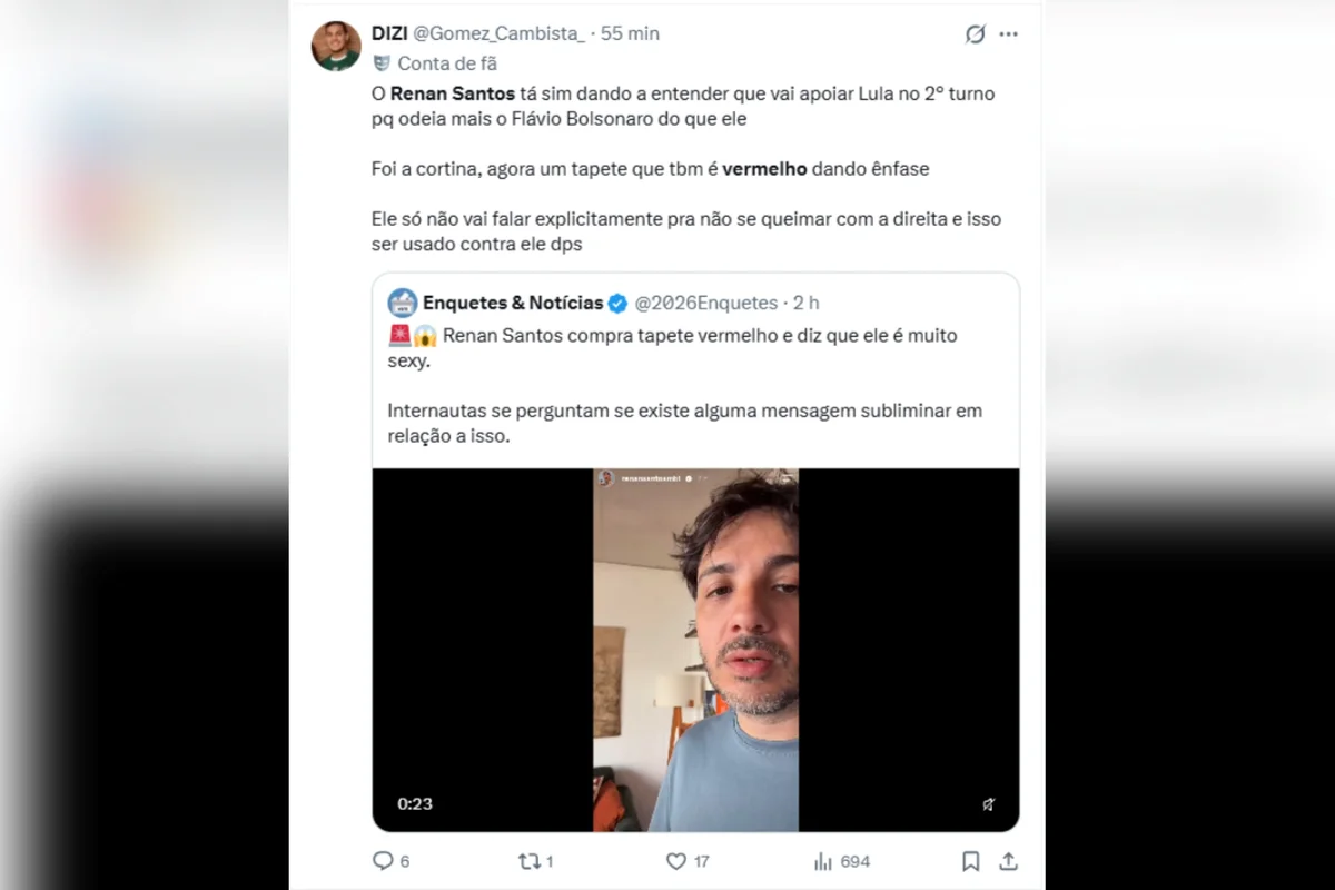 Após cortinas, Renan elogia tapete vermelho e web enxerga apoio a Lula - imagem 3 Após cortinas, Renan elogia tapete vermelho e web enxerga apoio a Lula - imagem 3