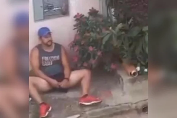 Homem sentado no chão perto de flores rosas e plantas verdes