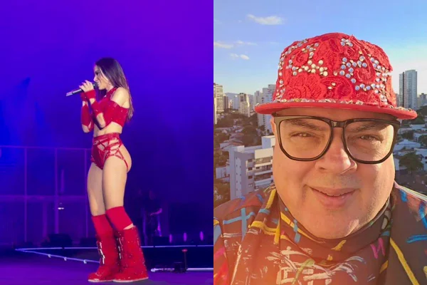 Montagem com fotos coloridas de Anitta e do DJ Zé Pedro