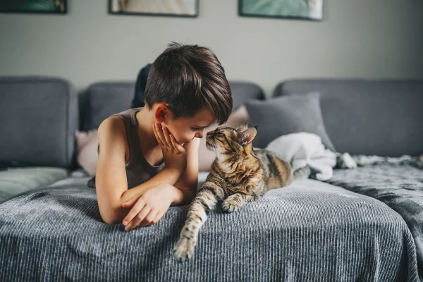 Foto colorida de criança interagindo com gato - Entenda o que conviver com um gato faz com o seu cérebro e com o dele - Metrópoles