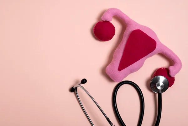 Estetoscópio e sistema reprodutor – vista superior em fundo rosa claro. Metrópoles