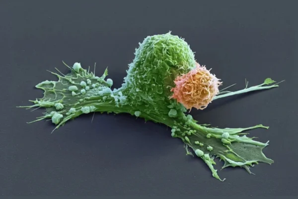 Uma célula CAR-T (laranja) ataca uma célula cancerosa (verde), que está começando a se contrair.