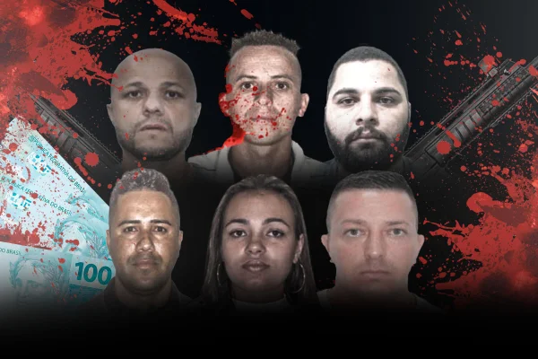 Seis rotos salpicados com sangue, fundo preto, dos quais três homens na parte superior e, na inferior, dois homens e uma mulher, no centro dos dois homens - Metrópoles