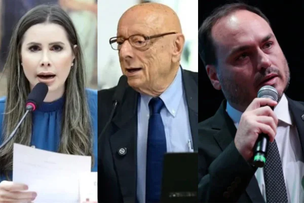 Montagem com fotos coloridas se De Roni, Esperidião e Carlos Bolsonaro - Metrópoles