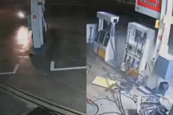 Colagem colorida de carro desgovernando invadindo posto de combustível - Metrópoles