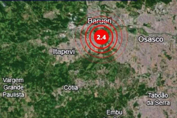 Imagem colorida mostra mapa com cidades onde tremor de terra foi sentido em São Paulo; terremoto - Metrópoles