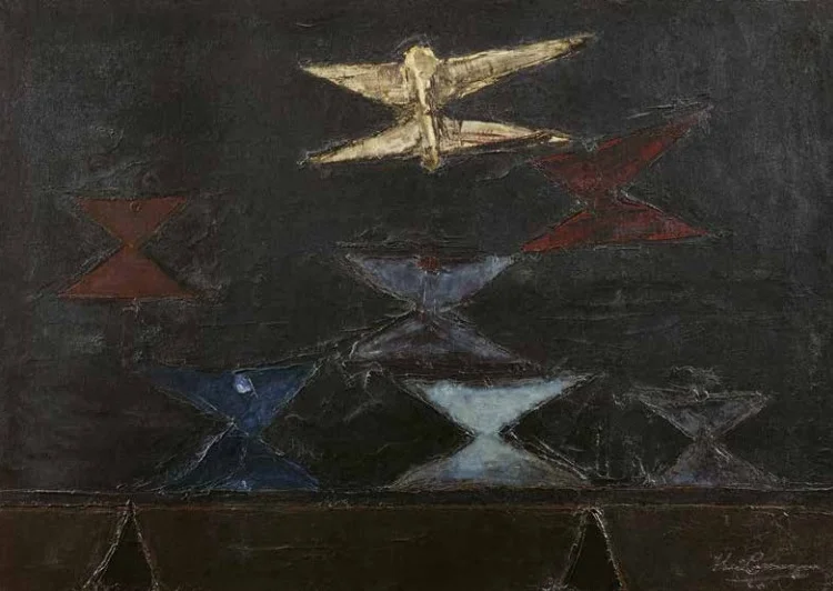 "Dinâmica de Carretéis" (1960): óleo sobre tela. Foto: Catálogo/Reprodução "Dinâmica de Carretéis" (1960): óleo sobre tela. Foto: Catálogo/Reprodução