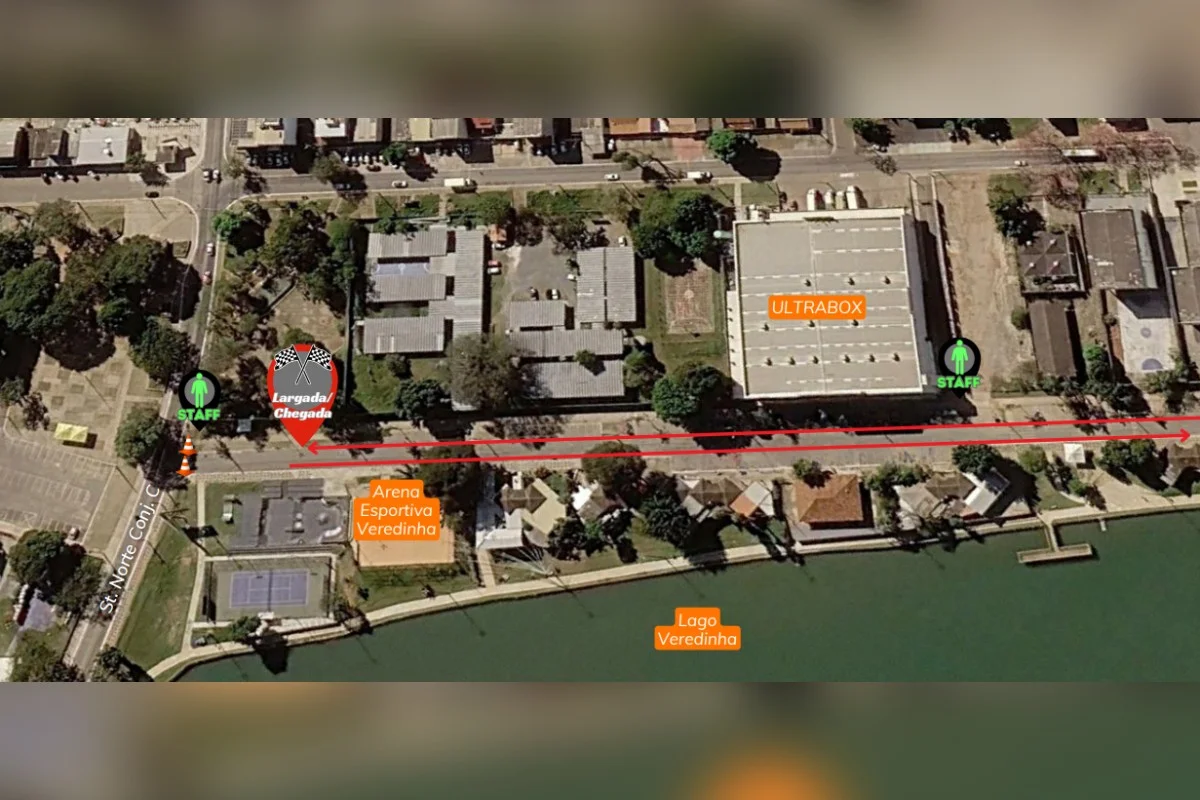 O percurso de 5 km terá largada e chegada na Arena Esportiva Veredinha e passará pela via da Arena, Via LW1 e vias dos Setores Sul e Norte O percurso de 5 km terá largada e chegada na Arena Esportiva Veredinha e passará pela via da Arena, Via LW1 e vias dos Setores Sul e Norte