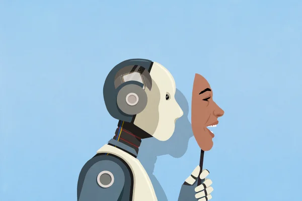 Ilustração colorida mostra robô segurando máscara com rosto humano - Metrópoles
