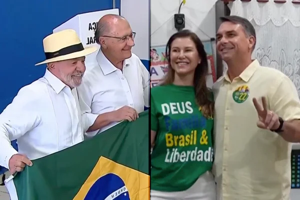 Candidatos Lula e Flavio Bolsonaro votando em 2026 no primeiro turno