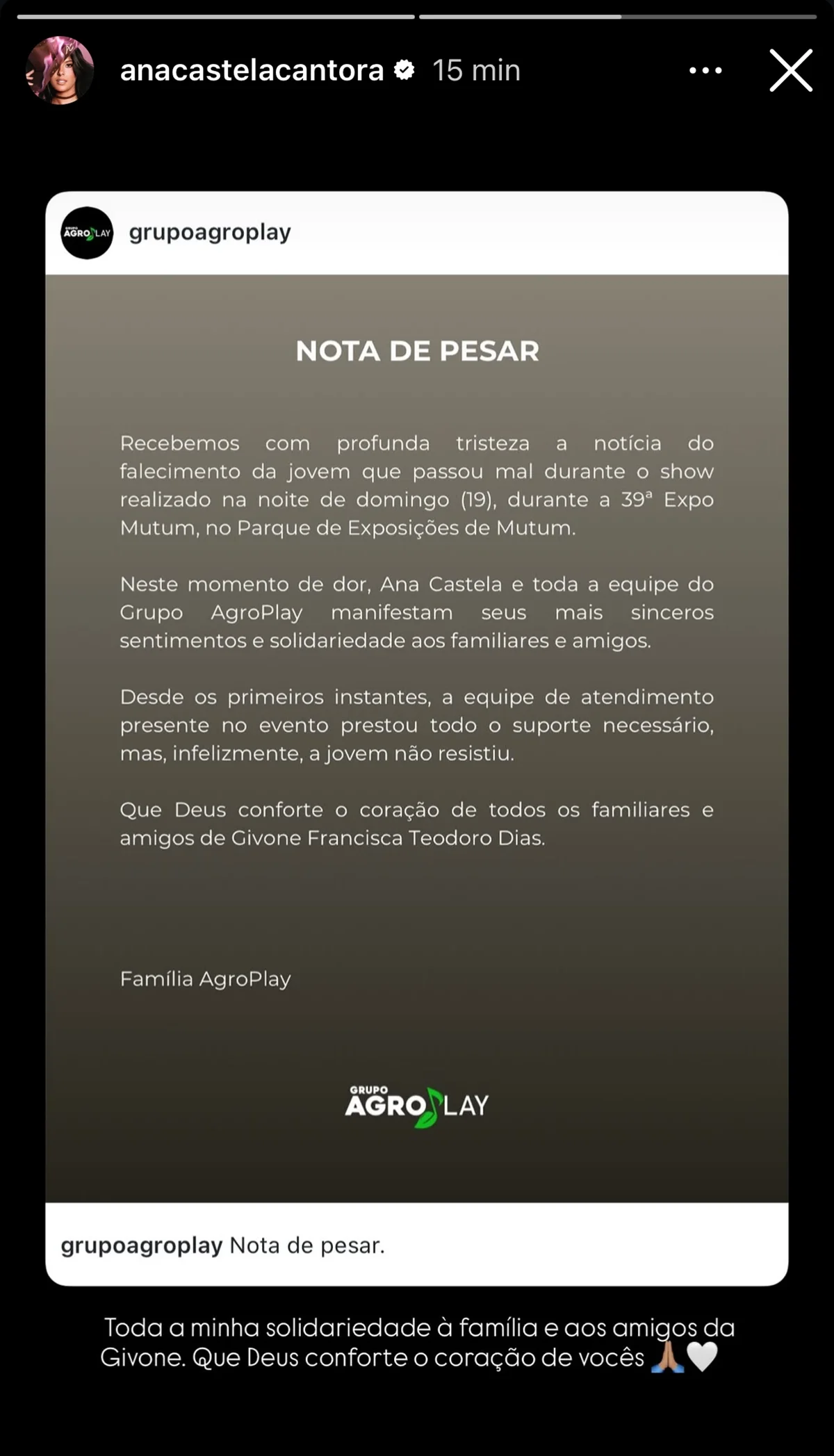Ana Castela lamenta morte de jovem em show em Mutum (MG) Ana Castela lamenta morte de jovem em show em Mutum (MG)