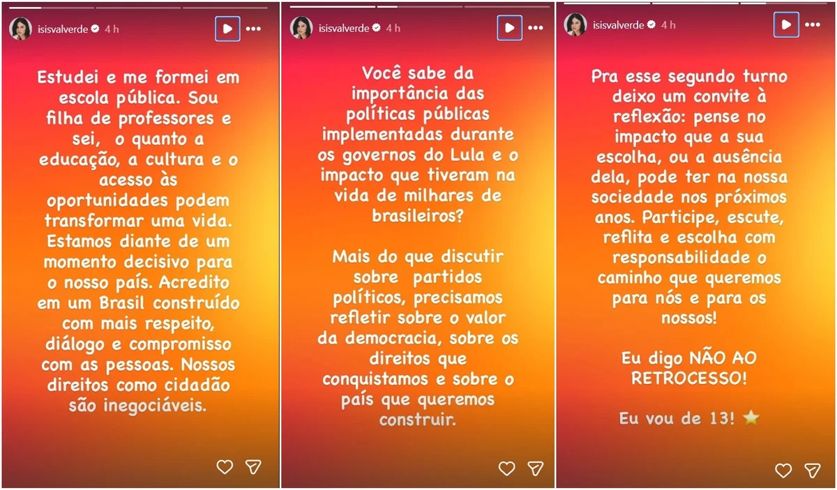 Isis Valverde anuncia apoio a Lula e convida eleitores a “refletirem” - imagem 1 Isis Valverde anuncia apoio a Lula e convida eleitores a “refletirem” - imagem 1