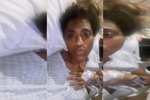 Atriz e cantora Ludmillah Anjos deitada em cama de hospital manda beijo para foto