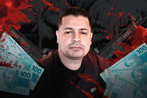 Arte gráfica com homem branco, cabelo curto, sem barba, camiseta preta ladeado por grandes notas de dinheiro, com fundo preto, no qual há dois fuzis cruzados e manchas de sangue - Metrópoles