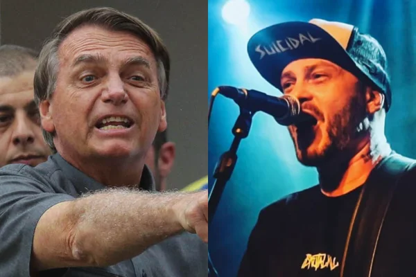 O presidente Jair Bolsonaro (esquerda) e o cantor Egypcio (direita) em fotos justapostas. Bolsonaro aponta para algo em imagem e Egypcio canta em show - Metrópoles