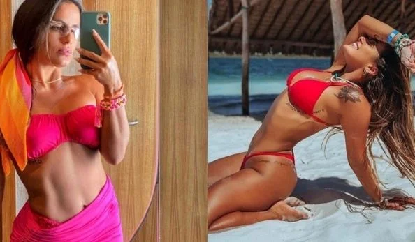 Montagem de duas fotos de mulher morena usando biquíni vermelho