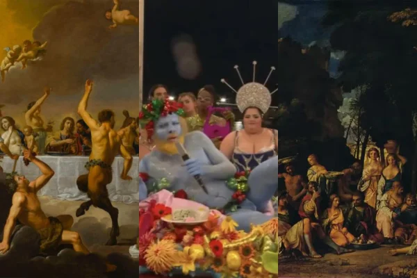 Imagem colorida de obras de arte e da apresentação da Olimpíadas