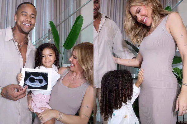 montagem com foto de Léo Santana e Lore Improta e Liz segurando ultrassom e foto de liz passando a mão na barriga de Lore Improta - metrópoles