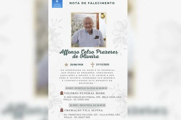 Imagem colorida de nota de falecimento. Metrópoles