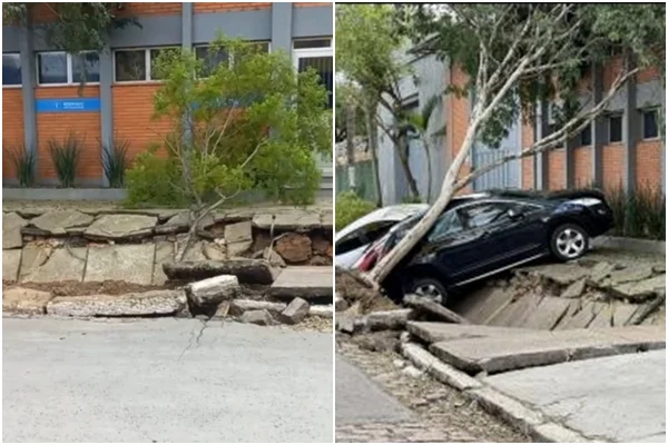 Calçada colapsa e engle três carros em Porto Alegre - Metrópoles
