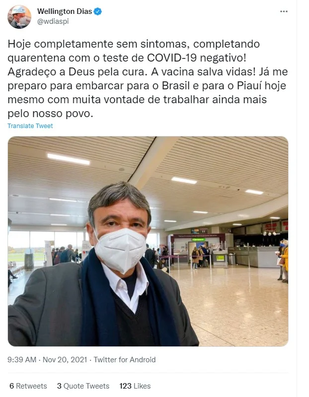 Wellington Dias retorna ao Brasil após resultado negativo para Covid - imagem 1 Wellington Dias retorna ao Brasil após resultado negativo para Covid - imagem 1