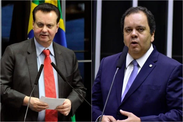 Foto colorida do presidente nacional do PSD, Gilberto Kassab, e o líder do União Brasil na Câmara dos Deputados, Elmar Nascimento (União Brasil-BA) - Metrópoles