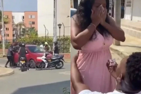 Foto colorida de uma mulher de vestido rosa e um homem - Metrópoles