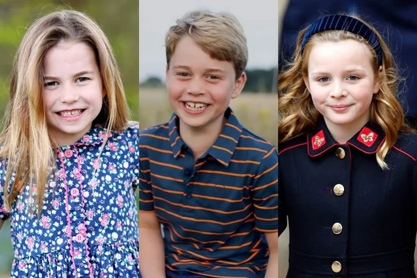 Foto colorida. Montagem com fotos de da princesa Charlotte, príncipe George e Mia Tindall