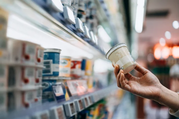 Mão pegando produto em prateleira de iogurtes de supermercado - Metrópoles