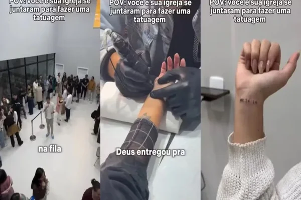 Imagem colorida, fiéis fazem tatuagem em igreja Metrópoles