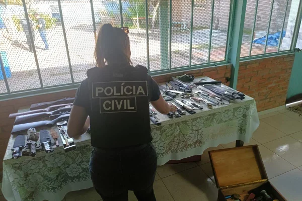 Policial e armas apreendidas
