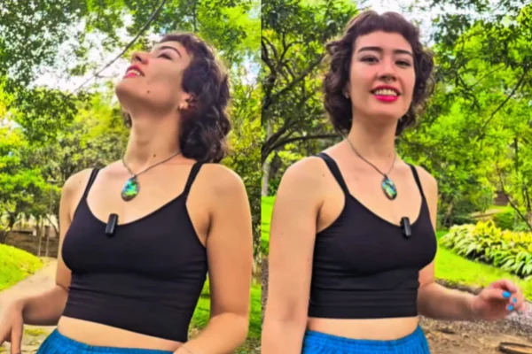 Montagem colorida de duas imagens de jovem em meio ao parque