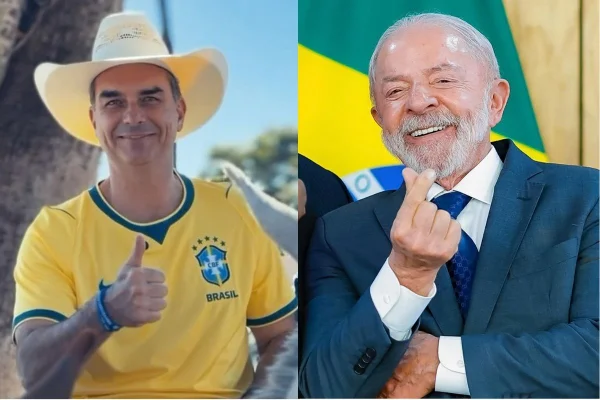 Montagem com fotos coloridas de Lula e Flávio Bolsonaro