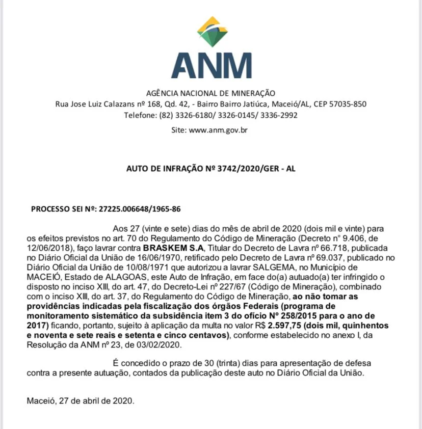 ANM aplicou em 2020depois que o desastre geológico foi revelado ANM aplicou em 2020depois que o desastre geológico foi revelado