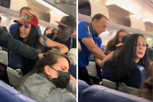 Montagem com fotos coloridas do momento em que a brasileira é agredida - Metrópoles