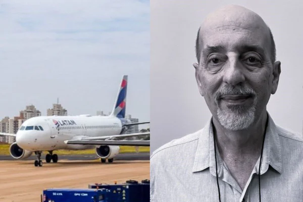 Montagem mostra à esquerda foto colorida de pátio de aeroporto com uma aeronave no solo e, à direita, foto em preto e branco de homem idoso, calvo e com barba branca. Ele olha para a câmera com expressão serena - Metrópoles