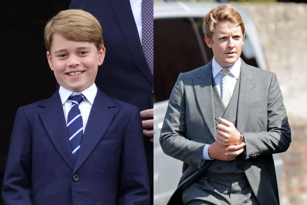 Foto colorida. Montagem com duas fotos, uma de um menino de terno e outra com um homem de terno cinza