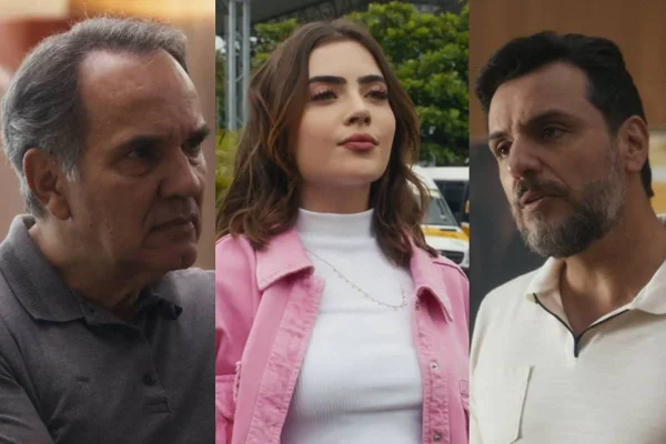 Foto colorida de Guerra (à esquerda), Chiara (ao centro) e Moretti, personagens em Travessia -Metrópoles