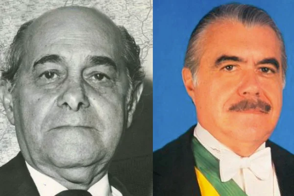 Em montagem de fotos justapostas, os ex-presidentes Tancredo Neves e José Sarney, que era inicialmente vice de Tancredo - Metrópoles