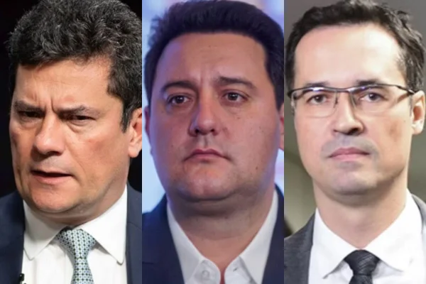 Pesquisa eleitoral no paraná mostra disputa pelo governo e pelo Senado. Na imagem: o senador Sergio Moro (União), o governador Ratinho Júnior (PSD) e o ex-procurador Deltan Dallagnol (Novo).